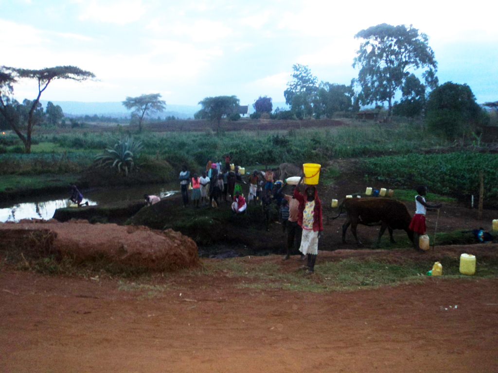 Women, children and livestock scramble for water in Molem, Endebess, Trans Nzoia County