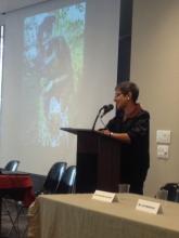 Ms. Lopa Banerjee, Chief of the Civil Society Section at UN Women, speaking at the event. In the background is Wangari Maathai's picture