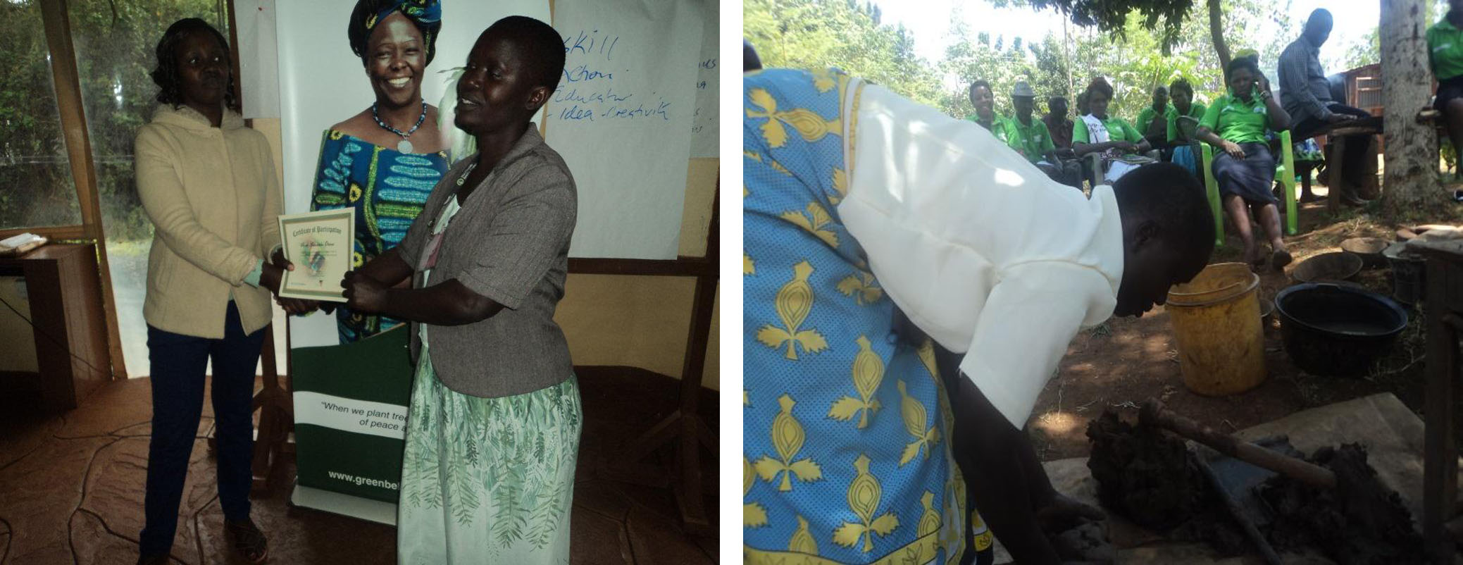 : Left, Rose receiving a certificate after the GBM CTOTs training, Right, Demonstrating to other CTOTs how to make clay claddings for an improved cook-stove in her village during an exchange Visit involving Kisumu and Siaya CTOTs